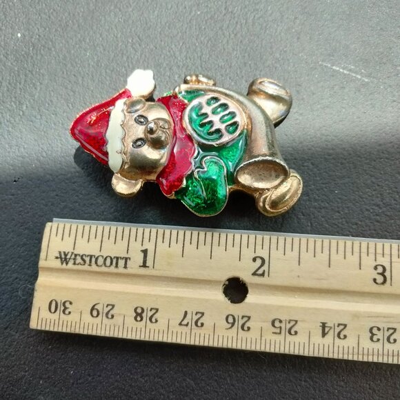 Christmas Teddy Bear Pin Brooch Frecnh Horn Santa Hat Silver Enamel Holiday vtg - Picture 2 of 3
